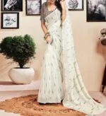 Ready to Wear White Ikkat One Minute Pleated Cotton Saree With Blouse Piece