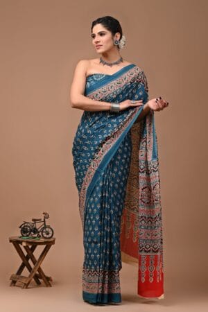 Exclusive Rajasthani Hand Block Printed Mulmul Cotton Saree