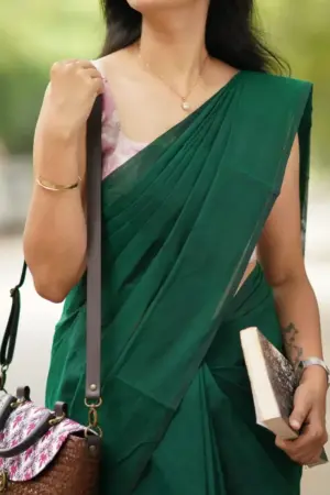 Bottle Green Plain Cotton Silk Saree Unstiched Blouse