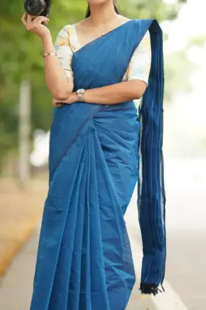 Blue Plain Cotton Silk Saree Unstiched Blouse