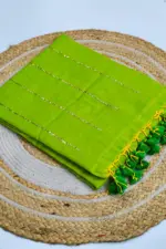 Soft Pure 100 Count Mulmul Apple Green Sequins Zari Work Cotton Saree
