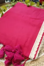 Soft Cerise Plain Pure 100 Count Mulmul Cotton Saree with lace border