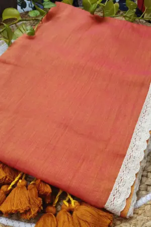 Soft Copper Red Plain Pure 100 Count Mulmul Cotton Saree with lace border