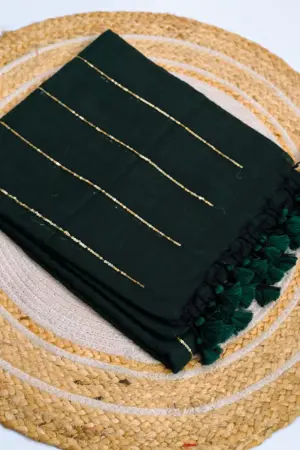 Soft Pure 100 Count Mulmul Dark Jungle Green Sequins Zari Work Cotton Saree