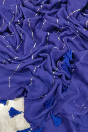 Soft Pure 100 Count Mulmul Dark Slate Blue Sequins Zari Work Cotton Saree