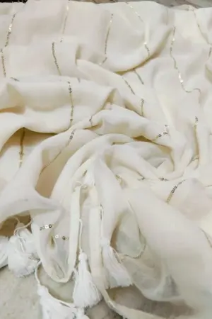 Soft Pure 100 Count Mulmul Light Gray Sequins Zari Work Cotton Saree