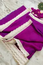 Soft Mardi Gras Plain Pure 100 Count Mulmul Cotton Saree with lace border