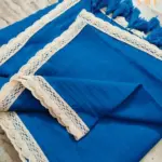Soft Medium Persian Blue Plain Pure 100 Count Mulmul Cotton Saree with lace border