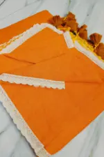 Soft Metallic Orange Plain Pure 100 Count Mulmul Cotton Saree with lace border