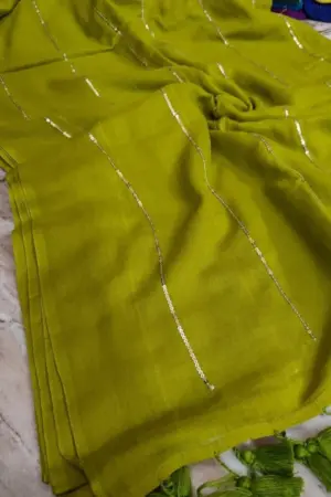 Soft Pure 100 Count Mulmul Olive Sequins Zari Work Cotton Saree