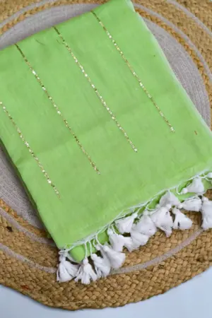 Soft Pure 100 Count Mulmul Pistachio Sequins Zari Work Cotton Saree