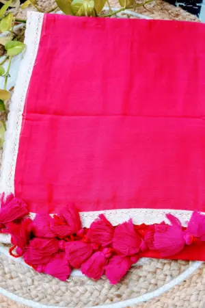 Soft Vivid Raspberry Plain Pure 100 Count Mulmul Cotton Saree with lace border
