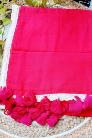 Soft Vivid Raspberry Plain Pure 100 Count Mulmul Cotton Saree with lace border