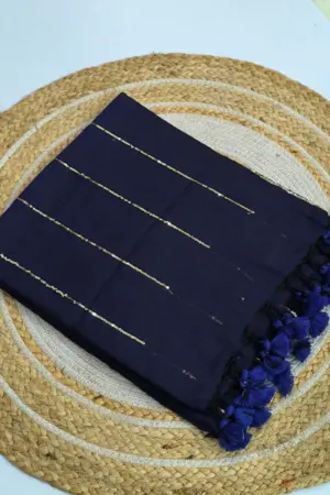 Soft Pure 100 Count Mulmul Yankees Blue Sequins Zari Work Cotton Saree