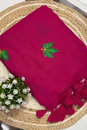 Soft Pure 120 Count Mulmul Saree with Maple Leaf Embroidery & Tassel Pallu