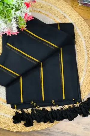 Soft Black Traditional all over Jhari Line Pure 120 Count Mulmul Cotton Saree with Tassel