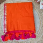Soft pink and orange with middle part silver jhari lien Pure 120 Count Mulmul Cotton Saree with Tassel