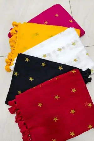 Soft Star Embrodery all over Pure 120 Count Mulmul Cotton Saree with Tassels